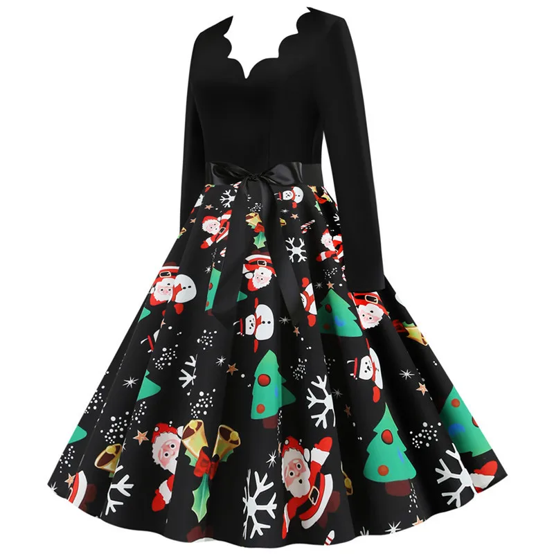 Для женщин в винтажном стиле, с длинным рукавом рождественское платье на зиму размера плюс качели элегантные кружевные вечерние платье халат Повседневное Черный Принт год