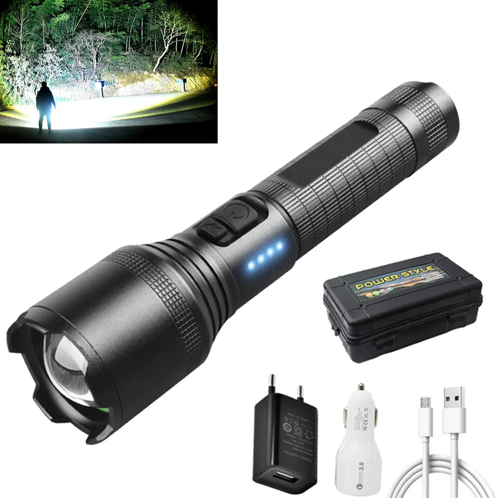 Super Bright XHP90 LED Flashlight Mechanical Zoom USB Rechargeable High