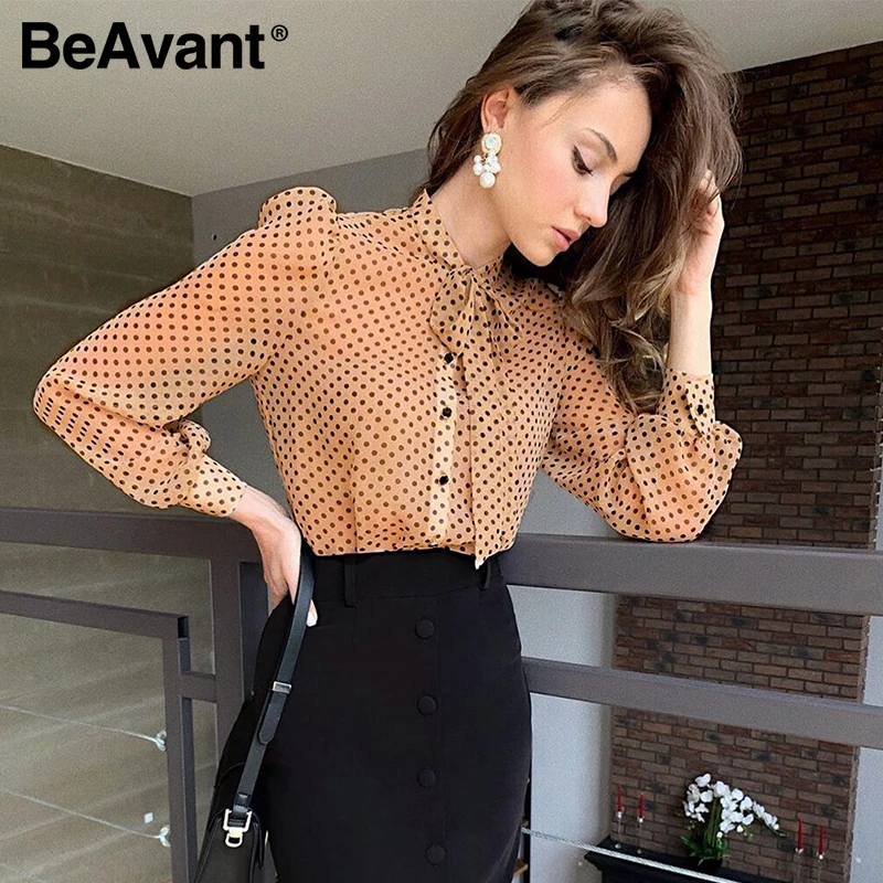 BeAvant Polka Dot Ladies OL Blouses Spring Long Sleeve Neck Tie Chiffon Blouse Shirts Elegant Women 2020 Casual Blusa Tops Chic