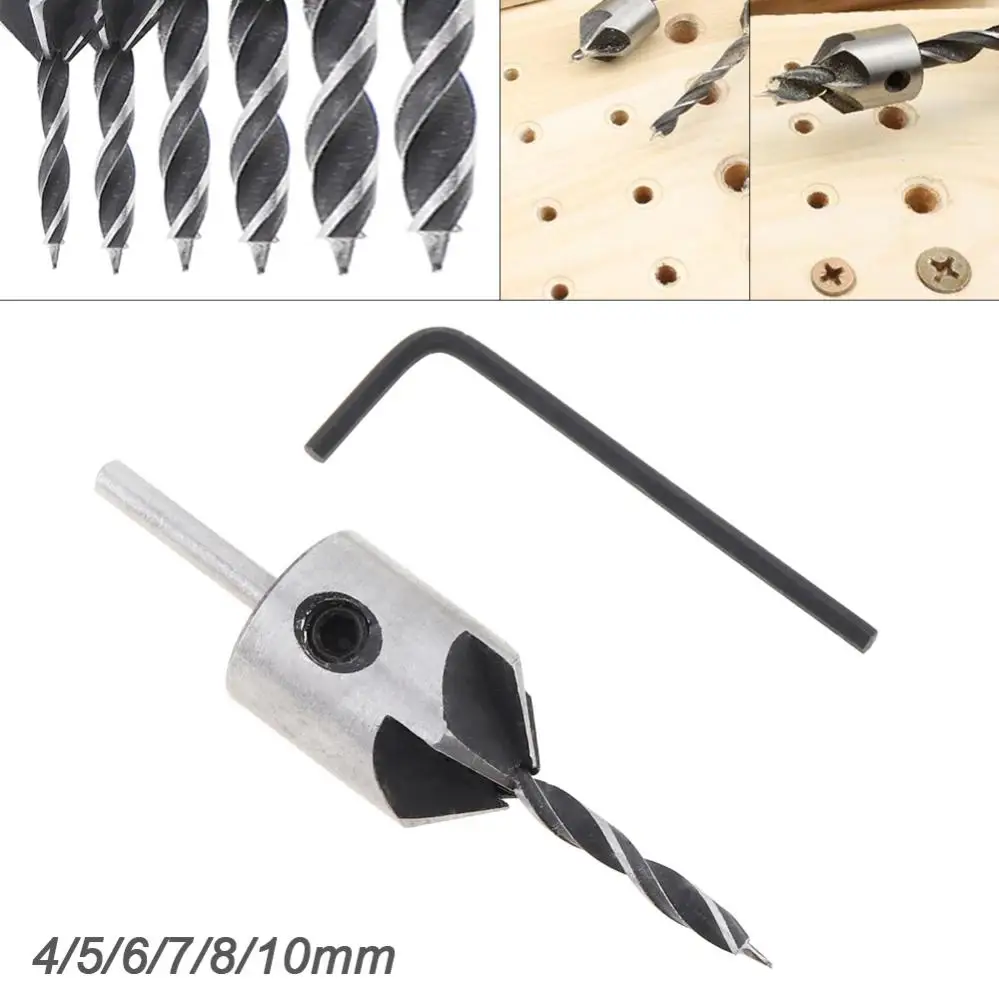 Drill Bit Flute Round Shank 4-10mm Countersink Adjustable Tapered Bits for Wood with Allen Wrench Woodworking Drilling Tool