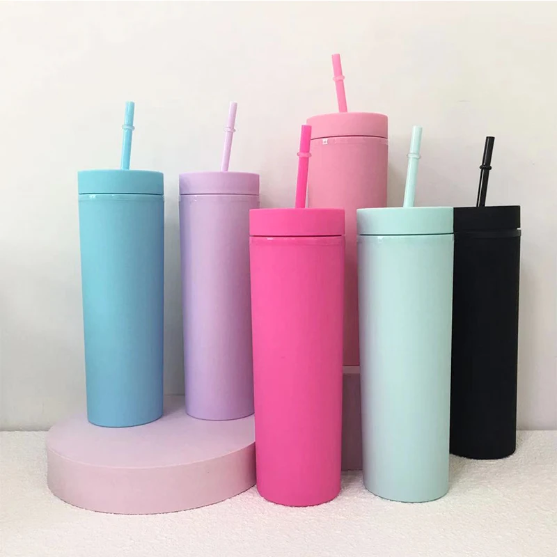 Tumblers with Lids and Straws.16 oz Clear Pastel Colored Plastic Acrylic  Travel Tumblers Cups.Double Wall Insulated Matte Reusable Tumblers Bulk for