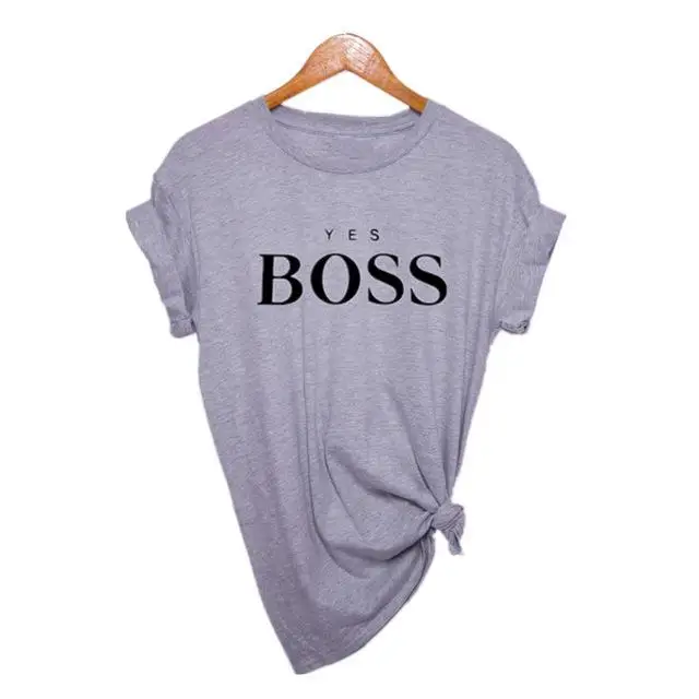 Yes футболка с надписью Boss, женская футболка с коротким рукавом и круглым вырезом, свободная футболка, летняя женская футболка, топы, Camisetas Mujer - Цвет: Light gray-H