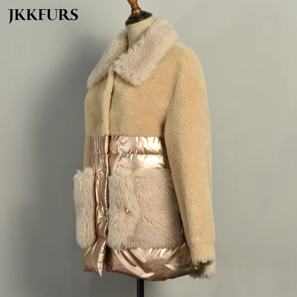New Women's Real Wool Coat White Duck Down Padded Jacket Zipper Pockets Granular Fur Down Outerwear S7580