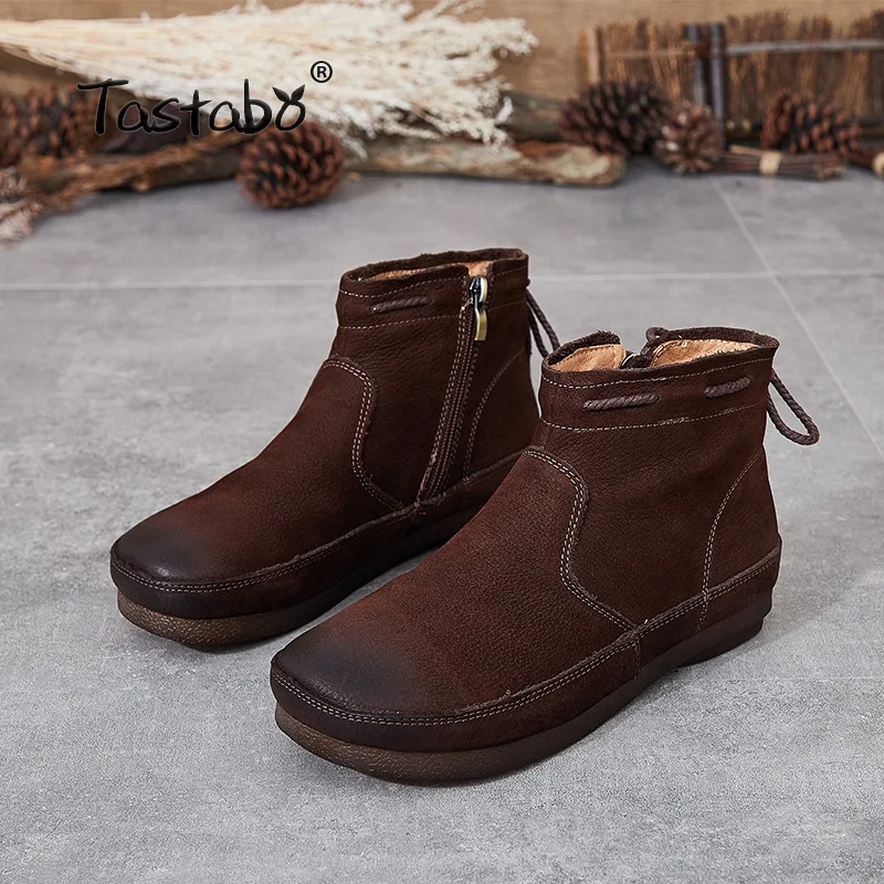 Tastabo 2019 autumn and winter ladies ankle boots Handmade vintage leather everyday shoes S8935-1 Brown caramel women's boots