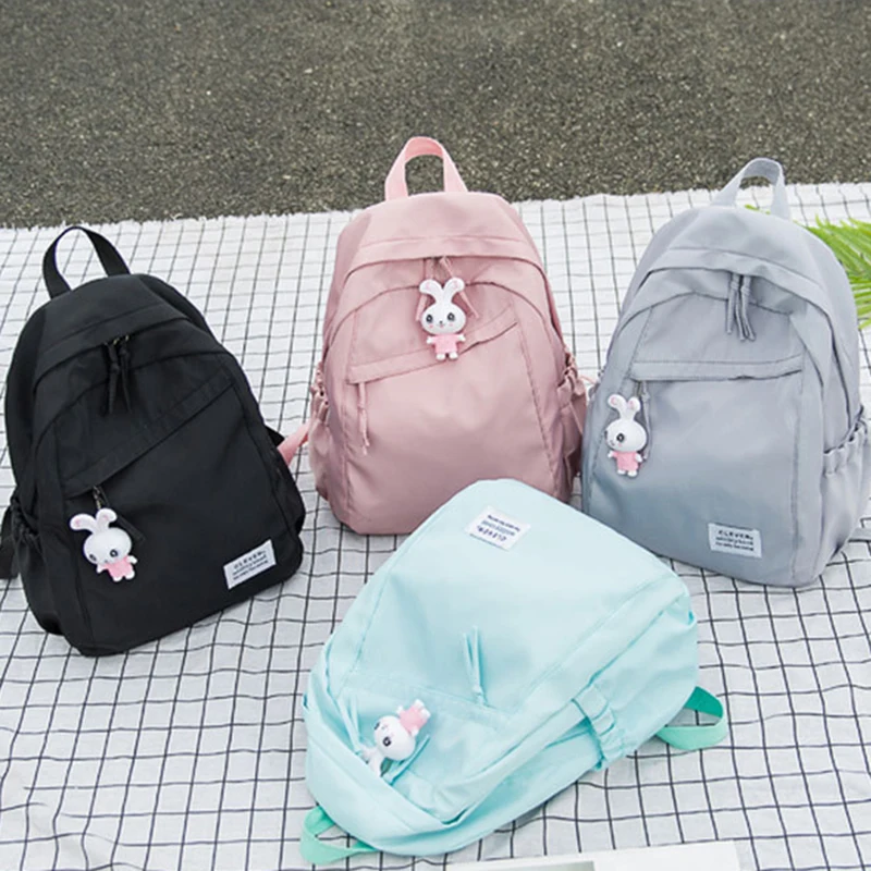 

Cute Rabbit Nylon Backpack for Student Casual Shoulder Bag Travel Knapsack School Book Bags Solid Color