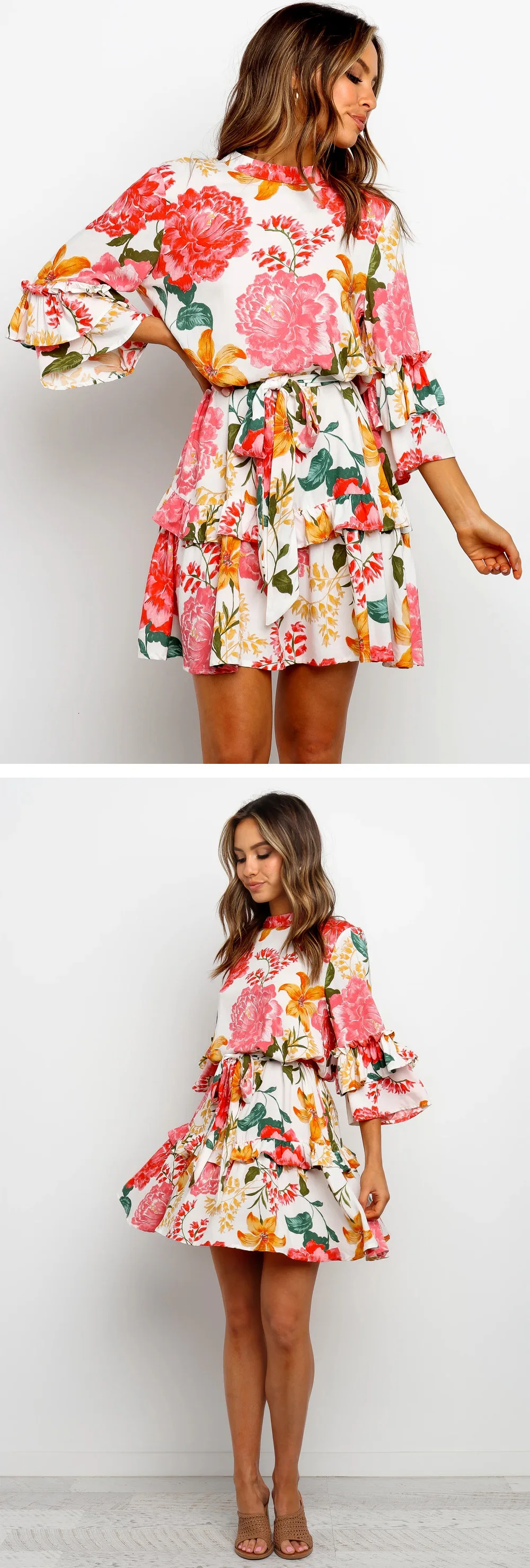 Летние платья Повседневное Boho Стиль пляжное элегантное женское платье с расклешенными рукавами рюшами Бандажное Платье приталенное платье