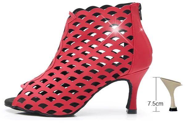 DILEECHI/туфли для латинских танцев; женские удобные туфли для бальных танцев из красной кожи; вечерние туфли для сальсы; сандалии на молнии сзади; Каблук 75 мм - Цвет: red heel 75mm