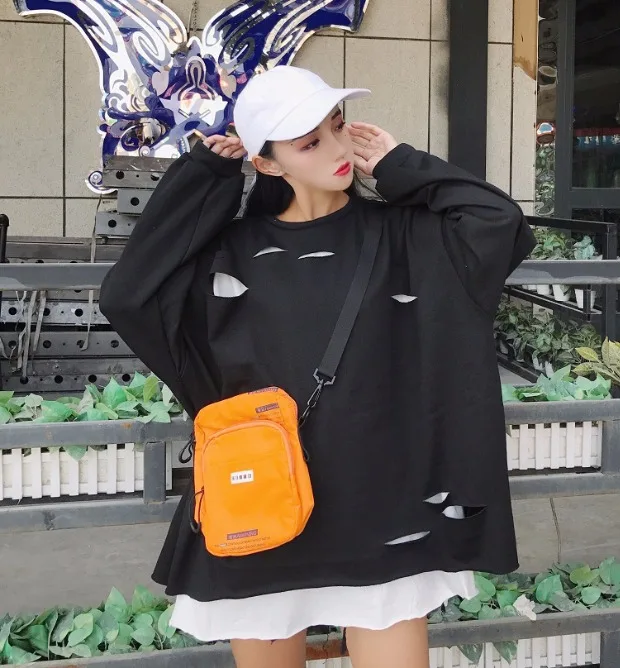 Модный свитер, топ Femme, Осенний корейский Ulzzang Harajuku, с дырками, поддельный, 2 предмета, пуловер с длинными рукавами, толстовки, женские