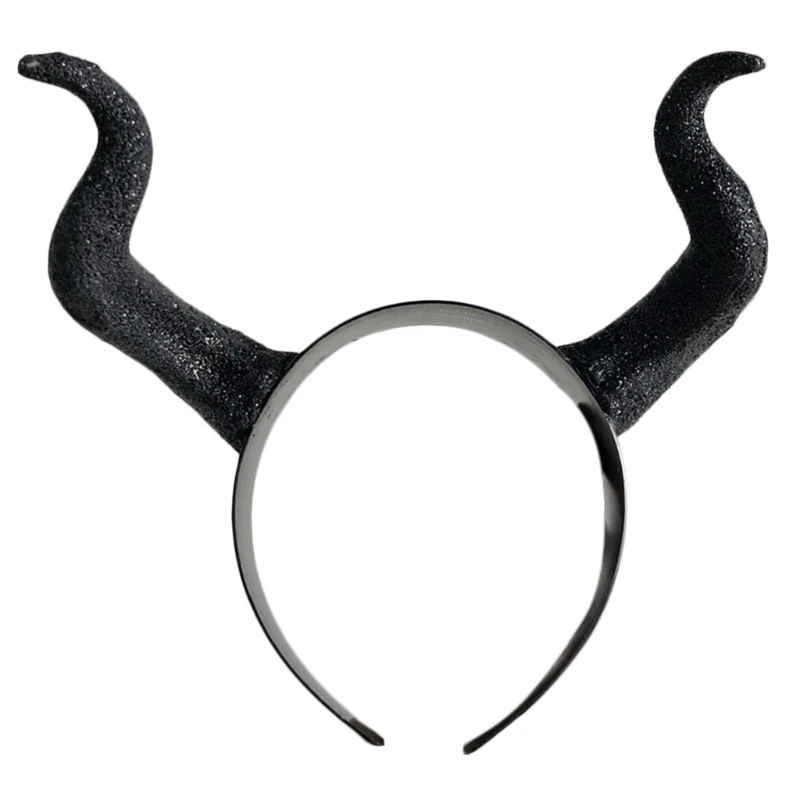 Halloween Witch Black Long Ox Horn Headband Movie Evil Queen Glitter Hair Hoop Gothic Cosplay Costume Headpiece D5QB
