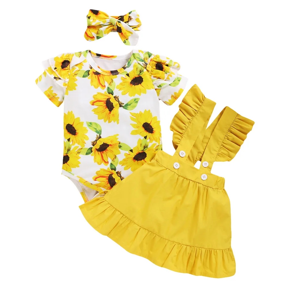 Sunflower Baby Girls Set 3Pcs Ruffle Bodysuit+Strap Dress+Headband Baby