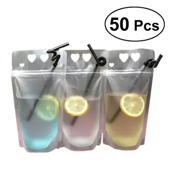 

50PCS Drink Pouches Bags Heavy Duty Hand-held Translucent Zipper Plastic Pouches Drinking Bags Bottom Gusset with 4 Bag Straws