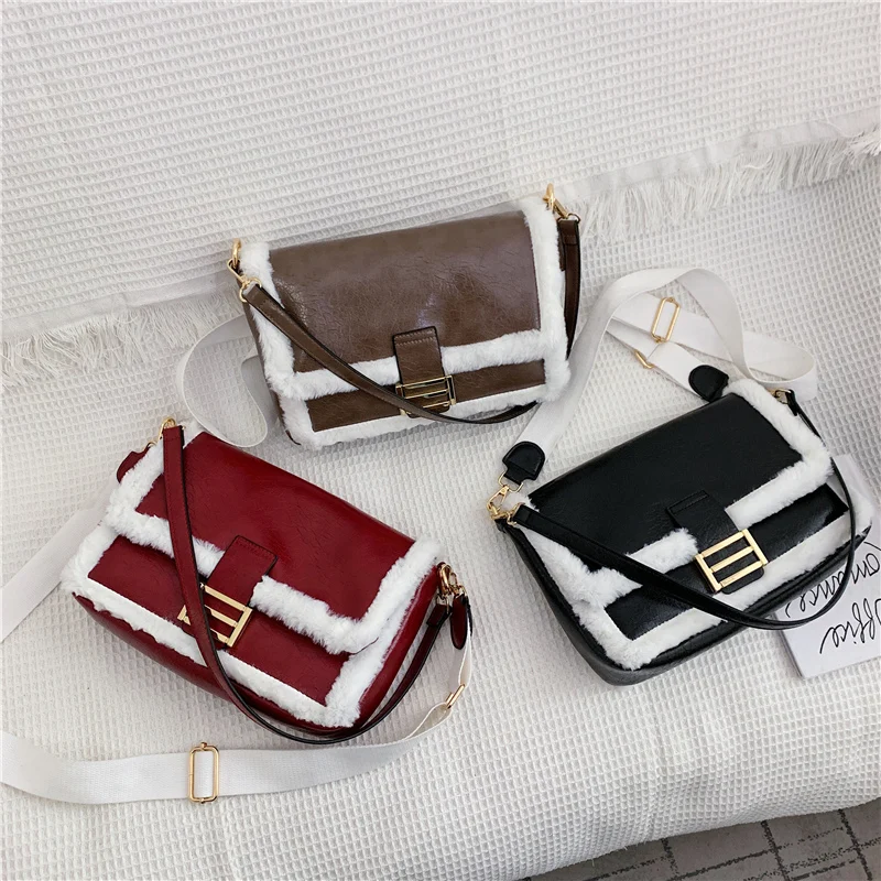 FANTASY Lambswool PU Leather High Capacity Crossbody Shoulder Bags For Women Messenger Bags Winter Trendy Handbags Lady