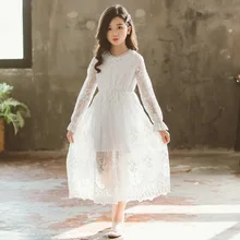 Платья для девочек корейские белые кружевные весенне-летние длинные Детские платья кружевное фантазийное белое платье для девочек-подростков, одежда, костюмы