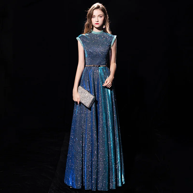 Robe De Soiree beauty Emily новые сексуальные длинные синие вечерние платья с высоким воротом без рукавов элегантные платья с блестками и поясом