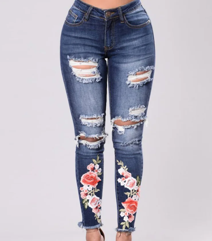 AliExpress Wish Color Elasticity with Holes Embroidery Hot Sales Cowboy High Waist Pants Women