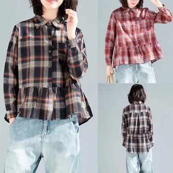 

winter 2019 Women's Long Sleeve Lattice Printed Casual Loose With Button Tops Shirt Blouse Dropshipping Leisure work style