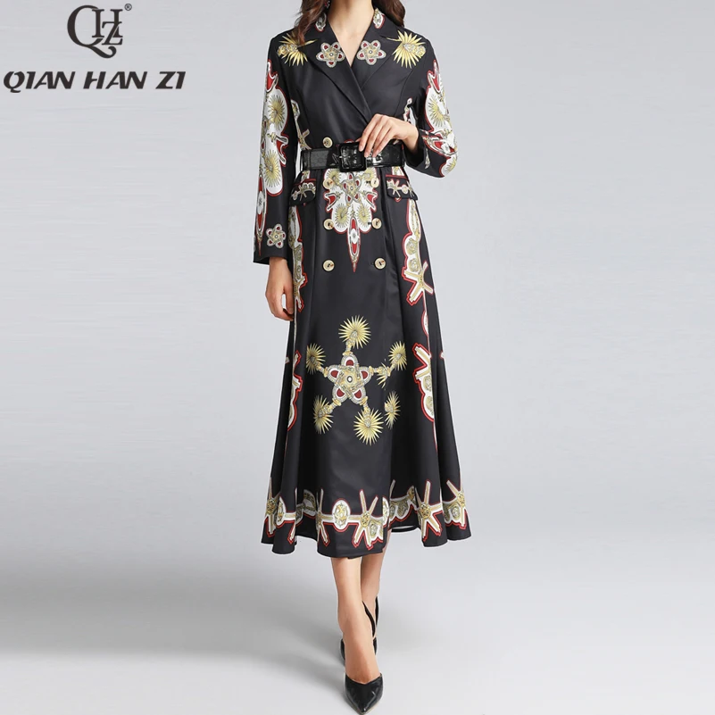 

Qian Han Zi Designer fashion X-Long coat Women's long sleeves Pattern printed vintage Double Breasted retro long dress trench