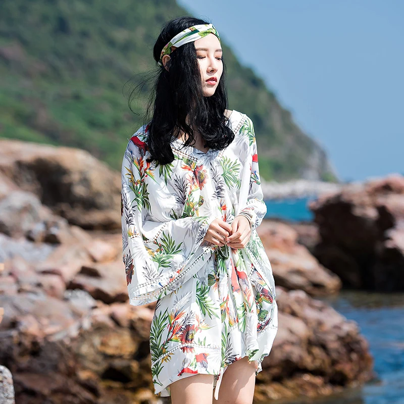 Holiday Summer Bohemian Women Dress 2020 New Plus size Chiffon Print Loose Batwing Sleeve Casual V-Neck Dresses Female YR110 es | Женская