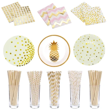 

Gold Foil Pineapple Wave Star Striped Dot Paper Napkins Plates Cups Straw Disposable Tableware Festive & Party Tissue Decoupage