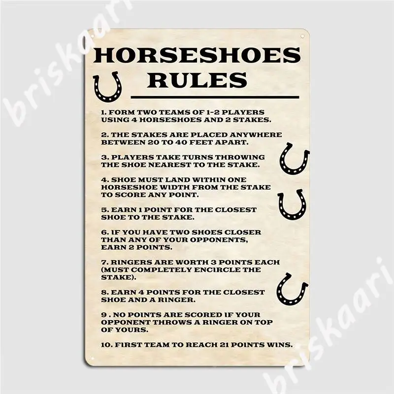Horseshoes Rules Vintage Metal Sign Wall Decor Pub Garage Printing