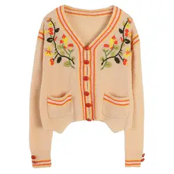 Shuchan прерия шик Вышивка цветочные короткие женские свитера 2019 осень милый свитер однобортный вязаный свитер 11008