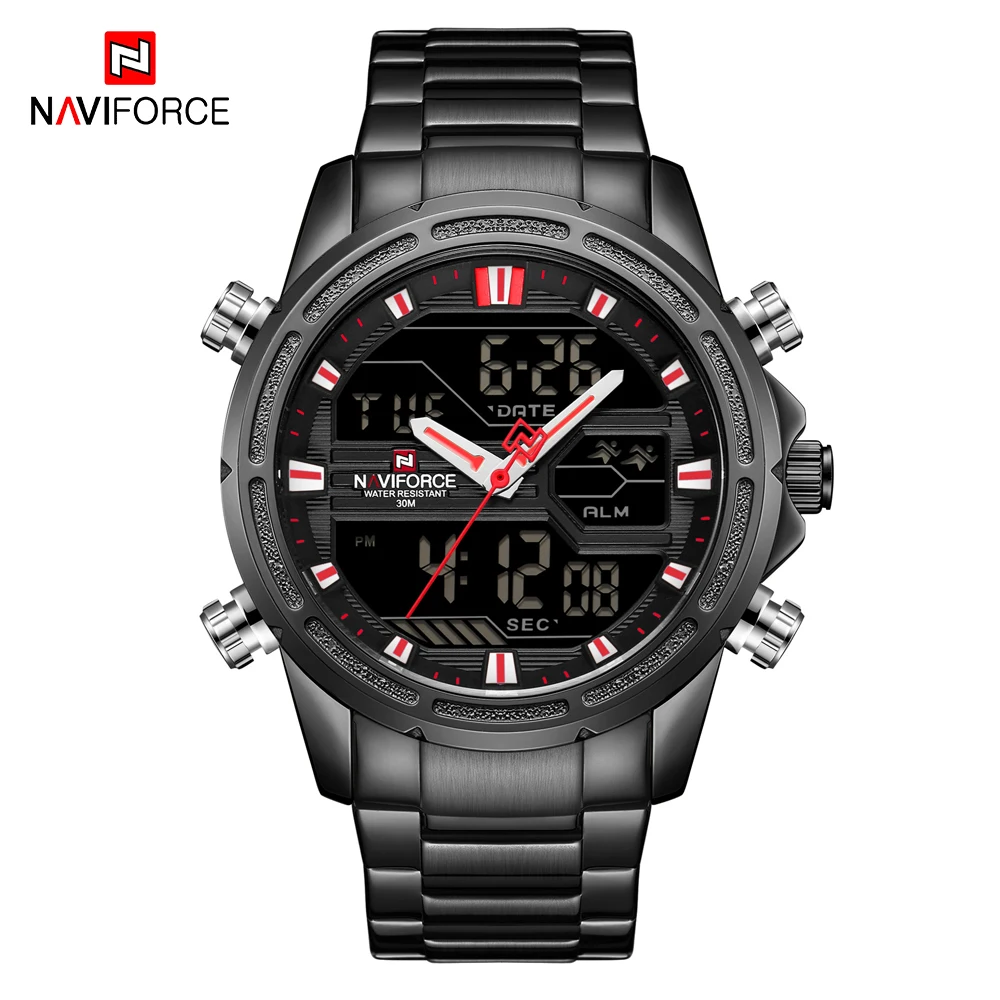 NAVIFORCE наручные мужские спортивные часы, мужские Кварцевые светодиодный цифровые часы, мужские полностью стальные водонепроницаемые наручные часы Relogio Masculino