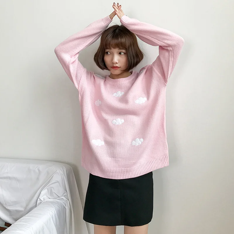 Женский свитер Kawaii Ulzzang в винтажном стиле для колледжа, свободный свитер с облаками, Женская Корейская розовая плотная свободная одежда Harajuku для женщин