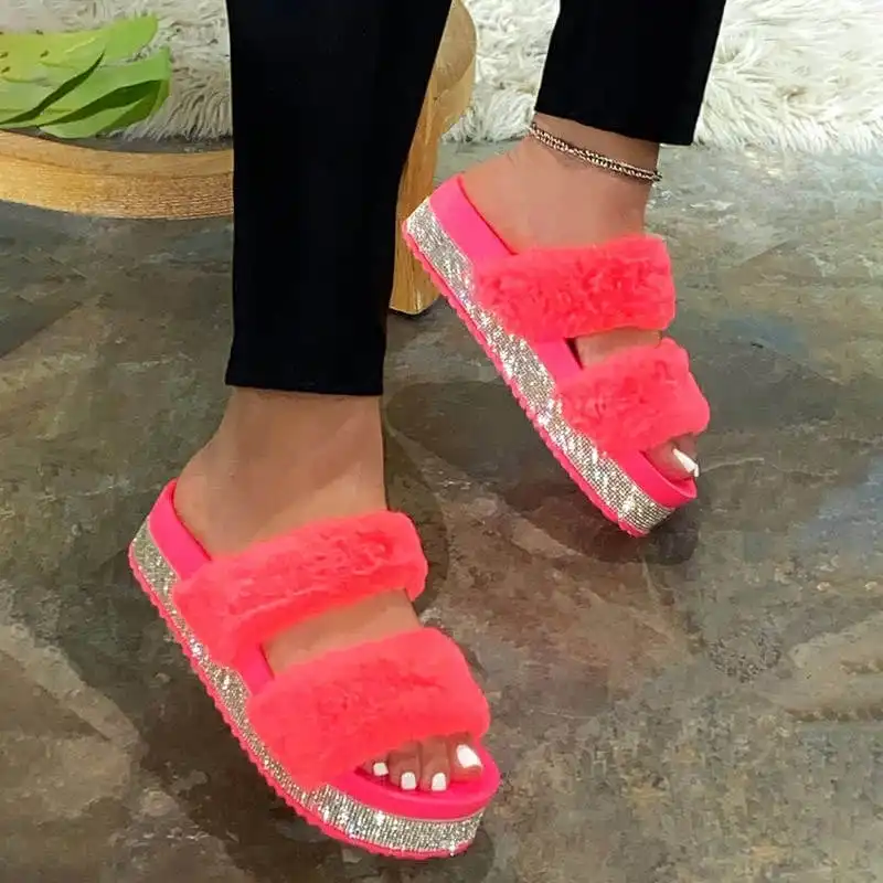 red fluffy sandals