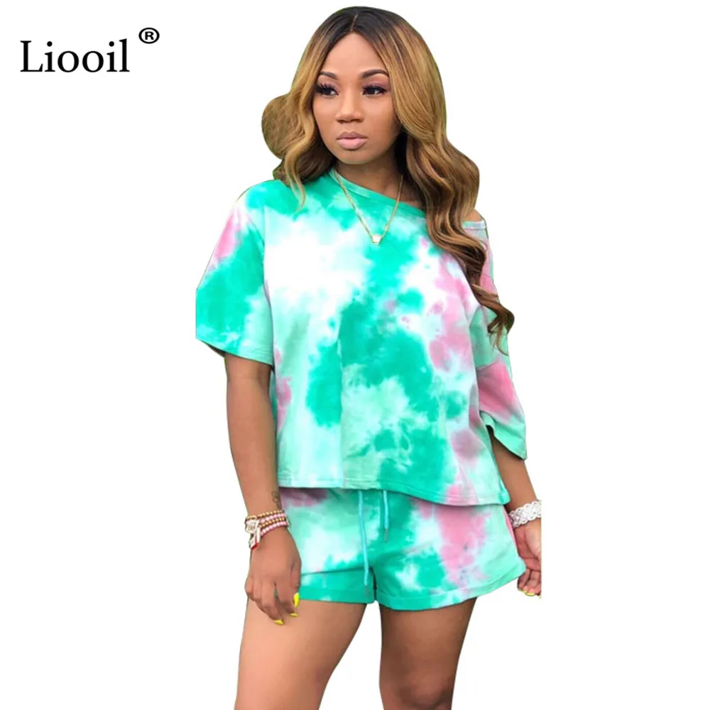 Liooil Tie Dye/комплект из двух предметов, короткий комплект, женские спортивные костюмы,, зеленая Укороченная рубашка с принтом и байкерские шорты, комплекты спортивной одежды, женский костюм