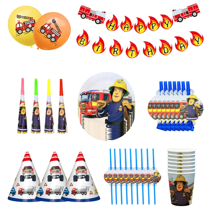 Fireman Series Paper Cups Plates Blowout Napkins Disposable Tableware Set Children Birthday Party Supplies Decorations | Дом и сад