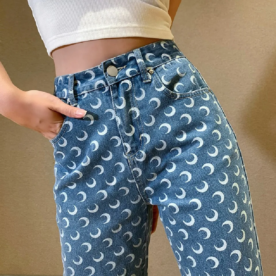 slim fit Moon Print Pants Straight Leg Mom Jeans Women High Waist Denim Trousers Slim Streetwear 2021 Fashion Y2k Style Baggy Clothing cargo pants for women