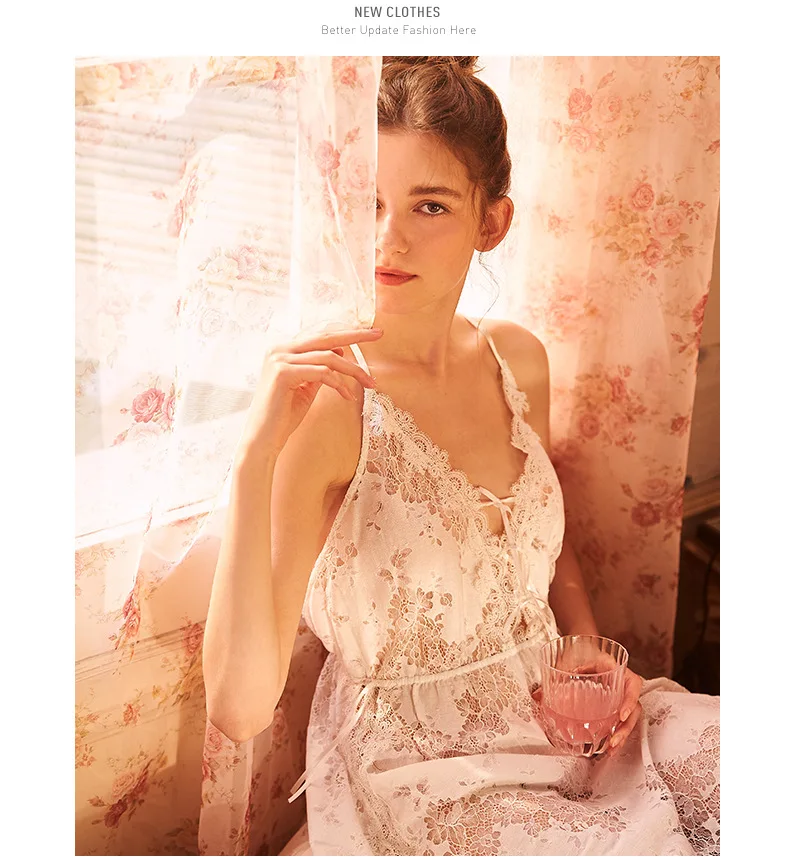 Sweet Sexy Crossing Camisole Nightgown Woman Spring Lace Perspective Hollow Out Hot Taste Pyjama for Women Night Dress