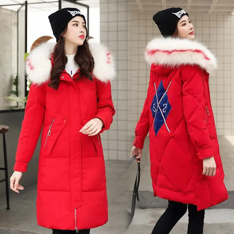 Zqlz Down Long Jacket Women Winter Fur Collar Hooded Coat Female Thick Cotton Padded Ladies High End Jackets Outwear Parkas - Цвет: Красный