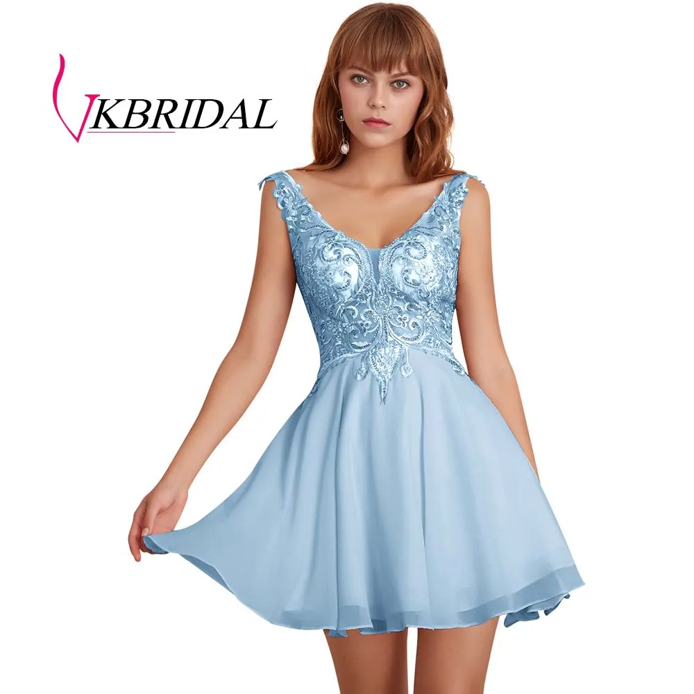 sky blue VKBRIDAL, сексуальные платья с открытой спиной для выпускного вечера, короткие,, v-образный вырез, шифон, кружево, бисер, жемчуг, розовые, вечерние платья для выпускного вечера - Цвет: sky blue