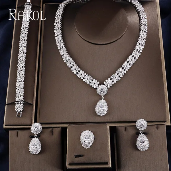 White full set RAKOL эксклюзивный Дубай белый цвет роскошный кубический цирконий ожерелье серьги браслет вечерние свадебные набор украшений для женщин RS03129 - Окраска металла: White full set