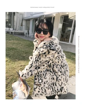 

Winter coat women fashion loosePolyester fiber upset leopard faux fur leather jacket long warm suit collar coat women