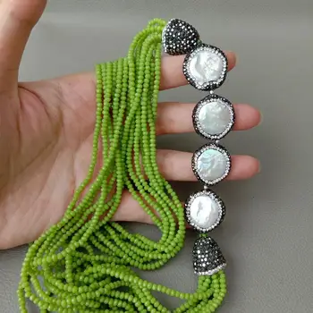 

38" 7Strands White Coin freshwater Pearl Green Crystal faceted rondelle Long Necklace sweater chain necklace handmade for women