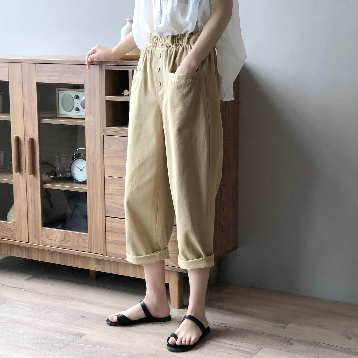 High Waist Wide Leg Pants Women 2020 Autumn New Korean Style Loose Solid Color Elastic Waist Casual Ankle-length Pants