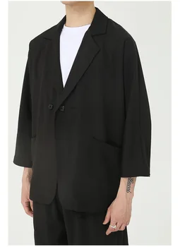 

Male Streetwear Vintage Fashion Loose Suits Men Summer New Casual 2 Pieces Suits Sets Jacket Elastic Waist Shorts