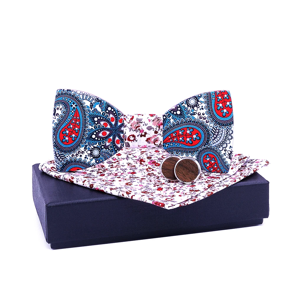  Paisley Wooden Bow Tie Handkerchief Set Men's Plaid Bowtie Wood Print tie Floral design And Box Fas