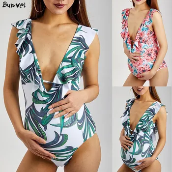 

bunvel Sexy Bohemian Floral Tunic Beach Wear Swimming Suit Maternity Swimsuit Push Up Ruffle One Piece Pregnancy Bikinis 2020