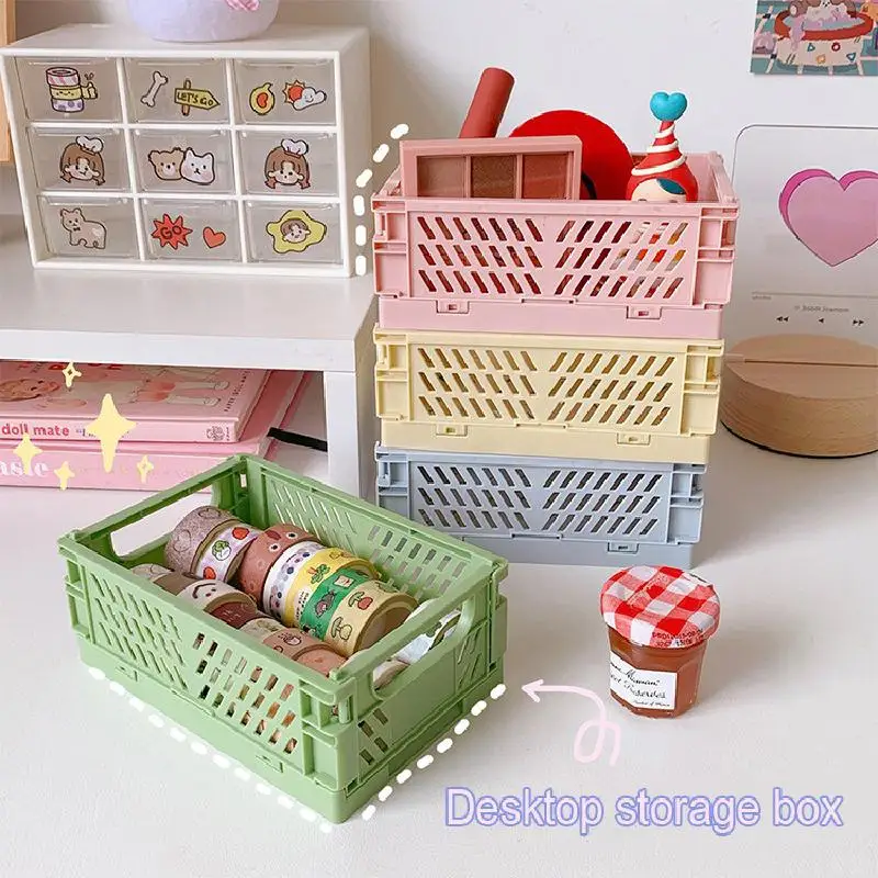 Ins Kawaii Desktop Folding Plastic Storage Basket Sundry Toys Snack Box Dormitory Artifact Finishing Small Frame | Дом и сад