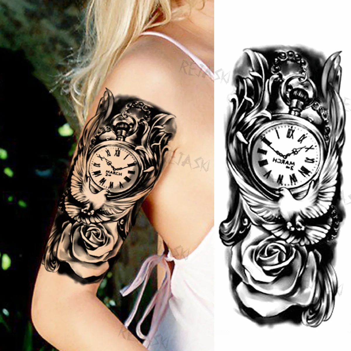 Tatouages Temporaires pour Femme et Homme, Horloge, Colombe, Rose, Fleur,  Bois, Sirène, Loup, Croix, Faux Tatouage, Autocollant, Art Corporel,  Étanche - AliExpress, image size:1200x1200