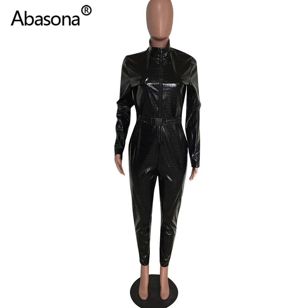 Abasona, Осенний женский зимний Облегающий комбинезон из искусственной кожи с длинным рукавом, женские комбинезоны, длинные штаны, вечерние комбинезоны для ночного клуба