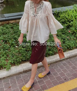 

[ElfStyle] - Fashion Tops Round Neck v CUT with TIed Embroidered Beaded Embellished 3/4 Flared Sleeves Oversized Blouse Woman