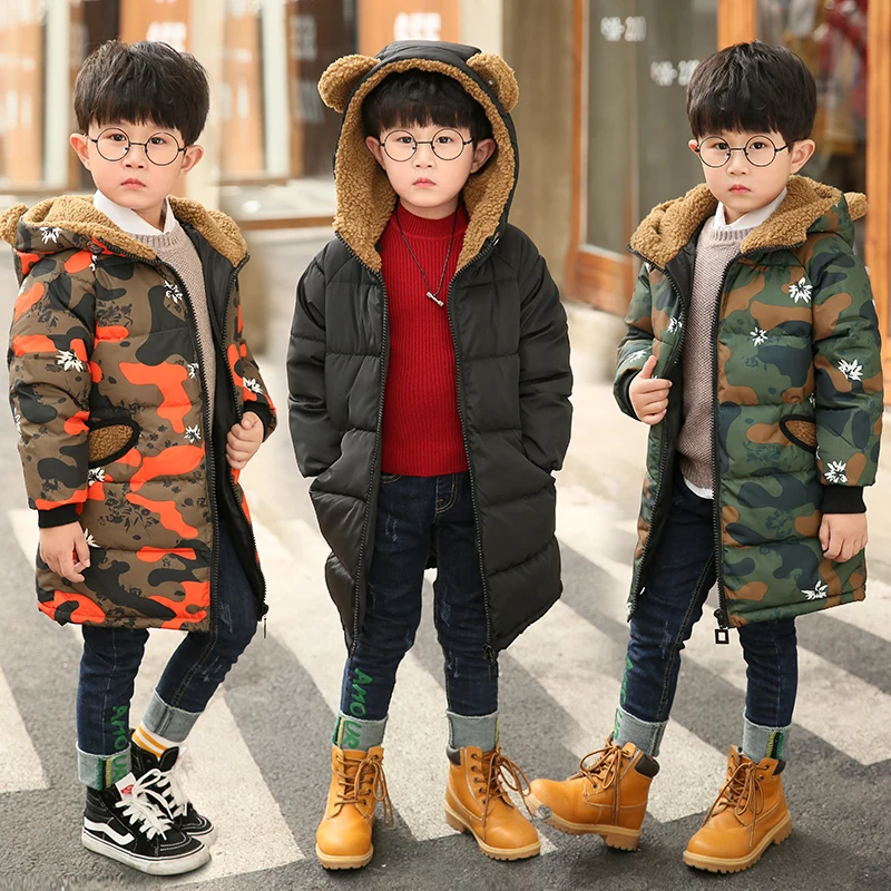 

Jacket for Boy Hooded Winter Jackets Snow Flower with Camouflage Pattern Parkas For Teenagers Boys Thick Long Coat Kids Clothes
