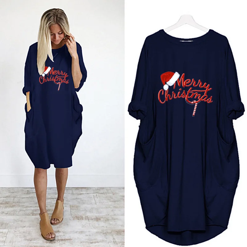 

Merry Christmas Dress Women Letter Print Pocket Casual Daily Dresses Plus Size Party Autumn Femme Robe Clothes 2020