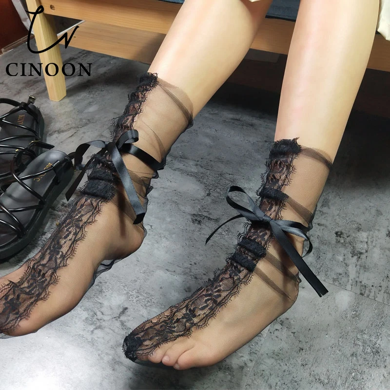 CINOON Summer Sexy Silk Ultrathin Girl Socks Lace Transparent Mesh Women Socks Solid Soft Female Crystal Silk Short Socks