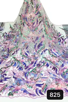 

New African Lace Fabric 5 yards High Quality Lace Tulle French Embroidered Mesh Lace Fabric gold purple Color for Wedding Dress