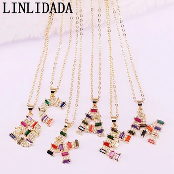 

8Pcs Charm Golden Micro Paved Rainbow CZ Cubic Zirconia Jewelry Crystal A - Z Letter Intitial Pendant Necklace